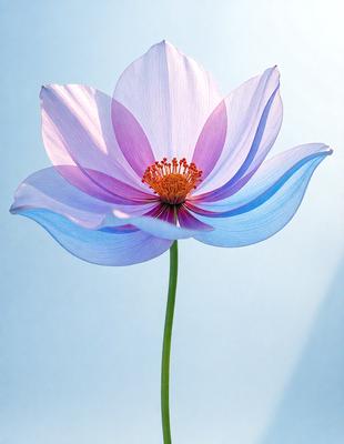 The primary subject of the image is a single purple flower with a yellow center, sitting on a blue surface. The setting appears to be a studio or a controlled environment, as the flower is the main focus of the image. The visual style is a close-up of the flower, showcasing its details and colors. The dominant colors are purple and blue, creating a calm and serene atmosphere.